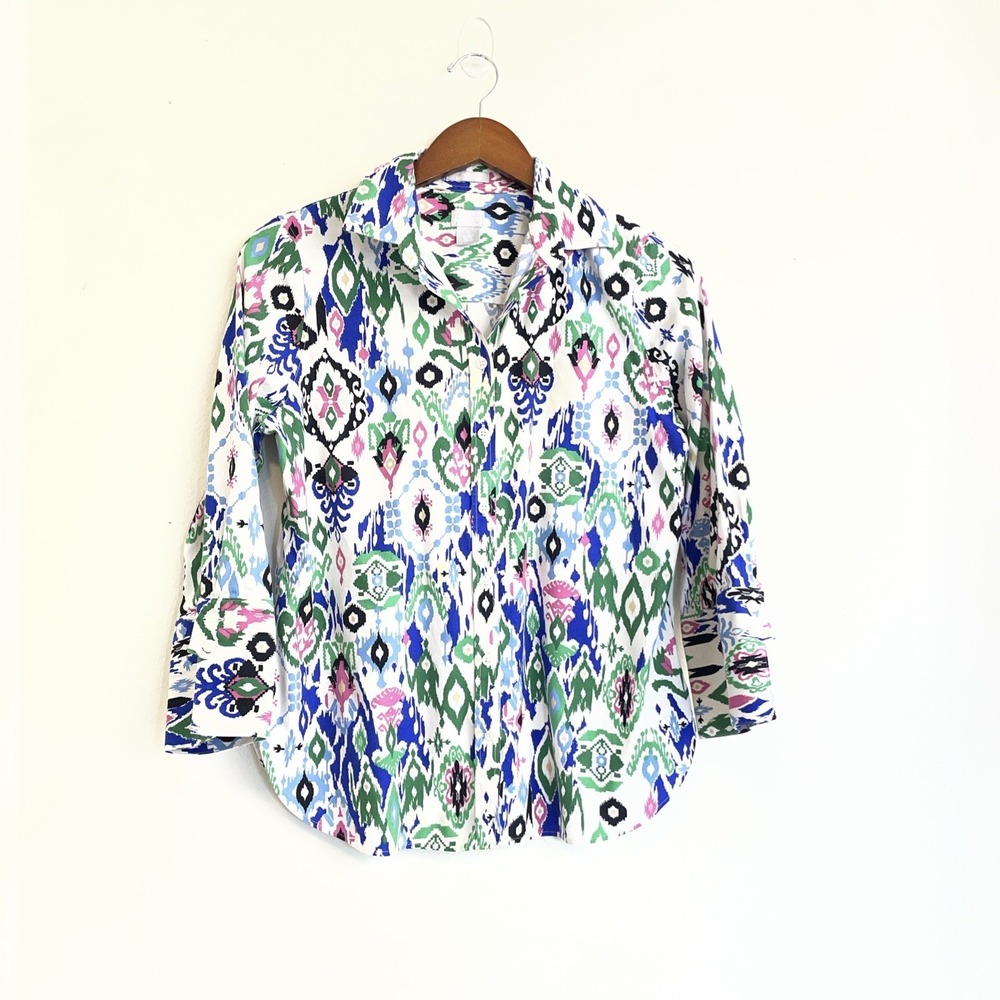 Chicos Blouse Womens Size 0/US 4 Floral Button Up Blue Green Button Sleeve Casua
